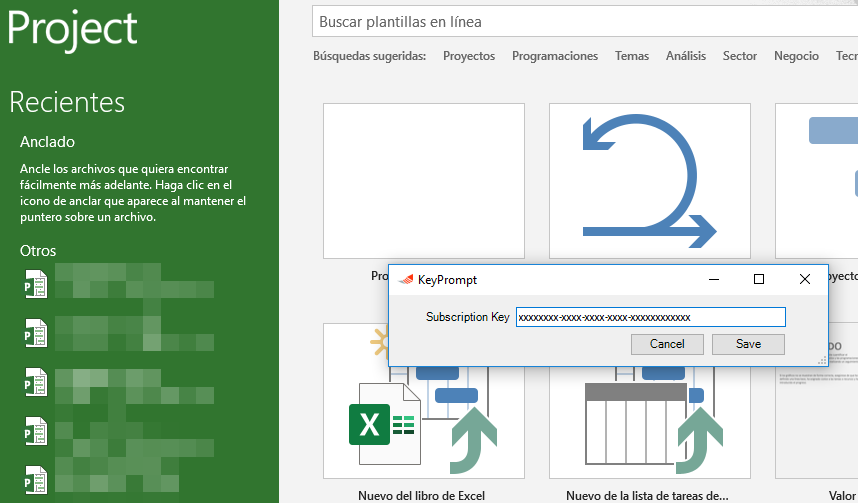 Project AddIn EVM subscription key
